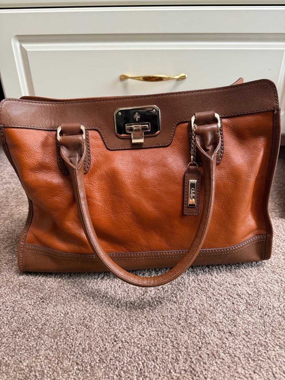 Cole Haan Two-Tone Brown Leather Tote with Silver Hardware